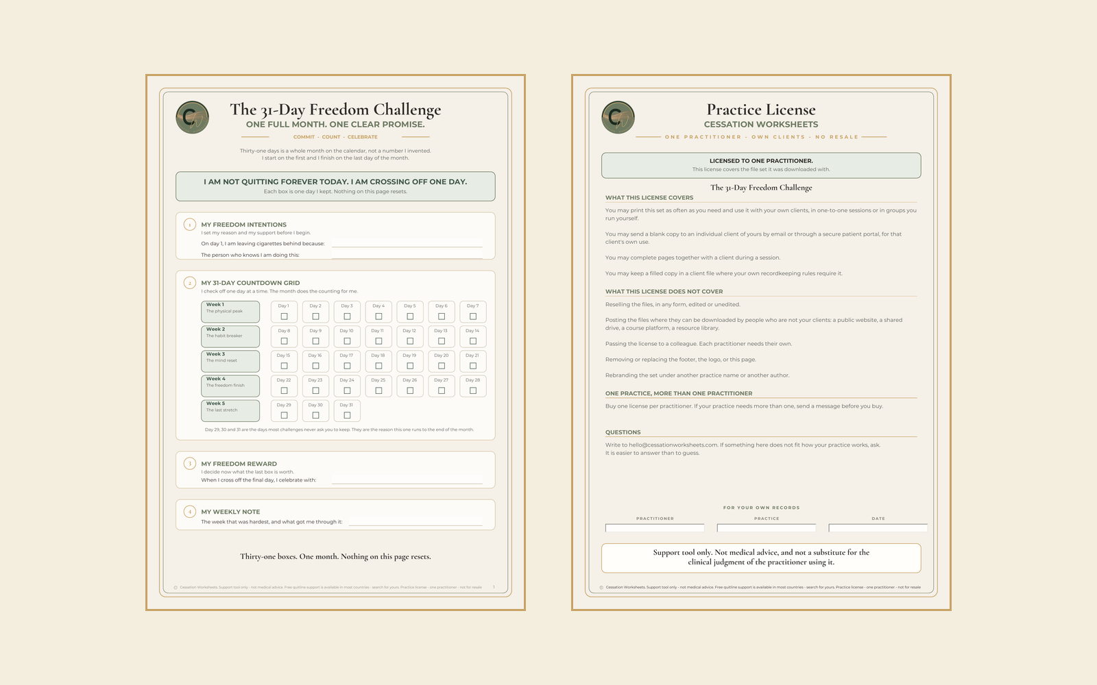 The 31-Day Freedom Challenge worksheet and the practice license page that comes with it