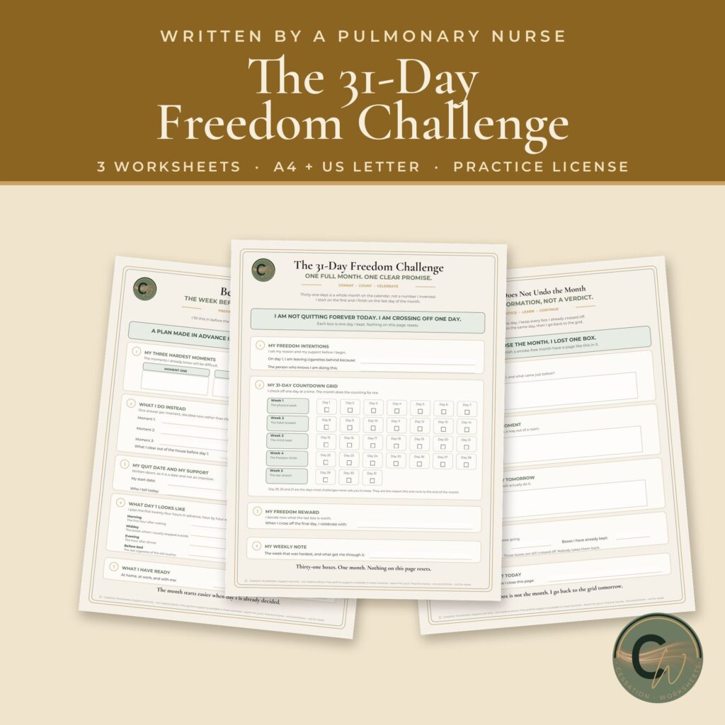 The 31-Day Freedom Challenge practice set: three fillable worksheets fanned out under a brown banner, in A4 and US Letter with a practice license.