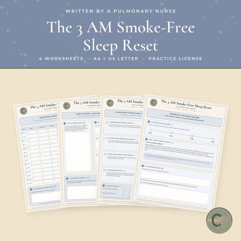 The 3 AM Smoke-Free Sleep Reset practice set: four fillable worksheets fanned out under a starry blue-grey banner, in A4 and US Letter with a practice license.