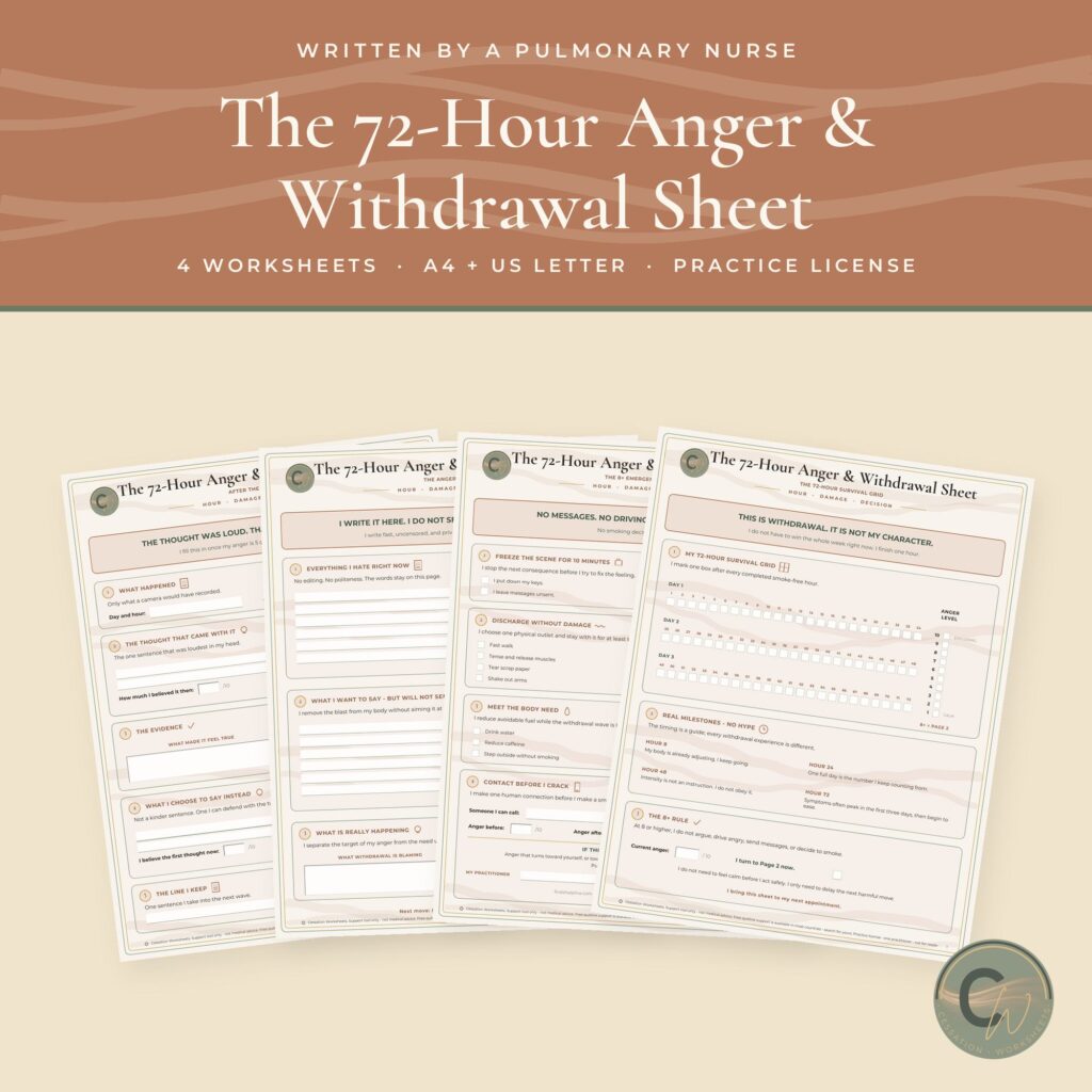 The 72-Hour Anger & Withdrawal Sheet practice set: four fillable worksheets fanned out under a terracotta banner, in A4 and US Letter with a practice license.