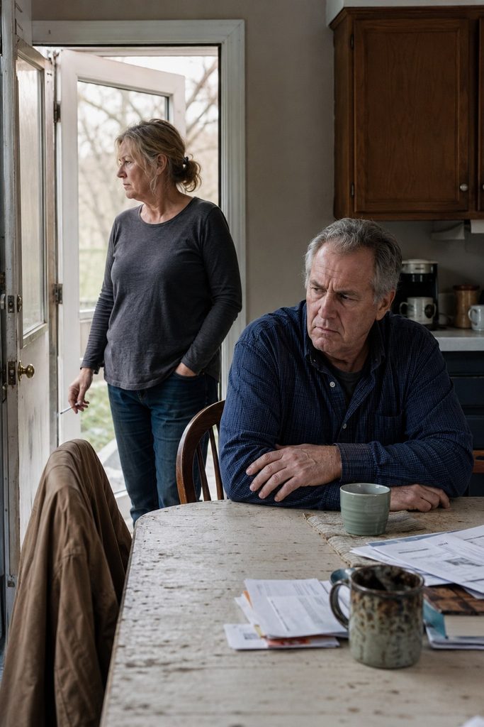 A man sits at a kitchen table while a woman stands smoking in the open doorway, both looking away from each other