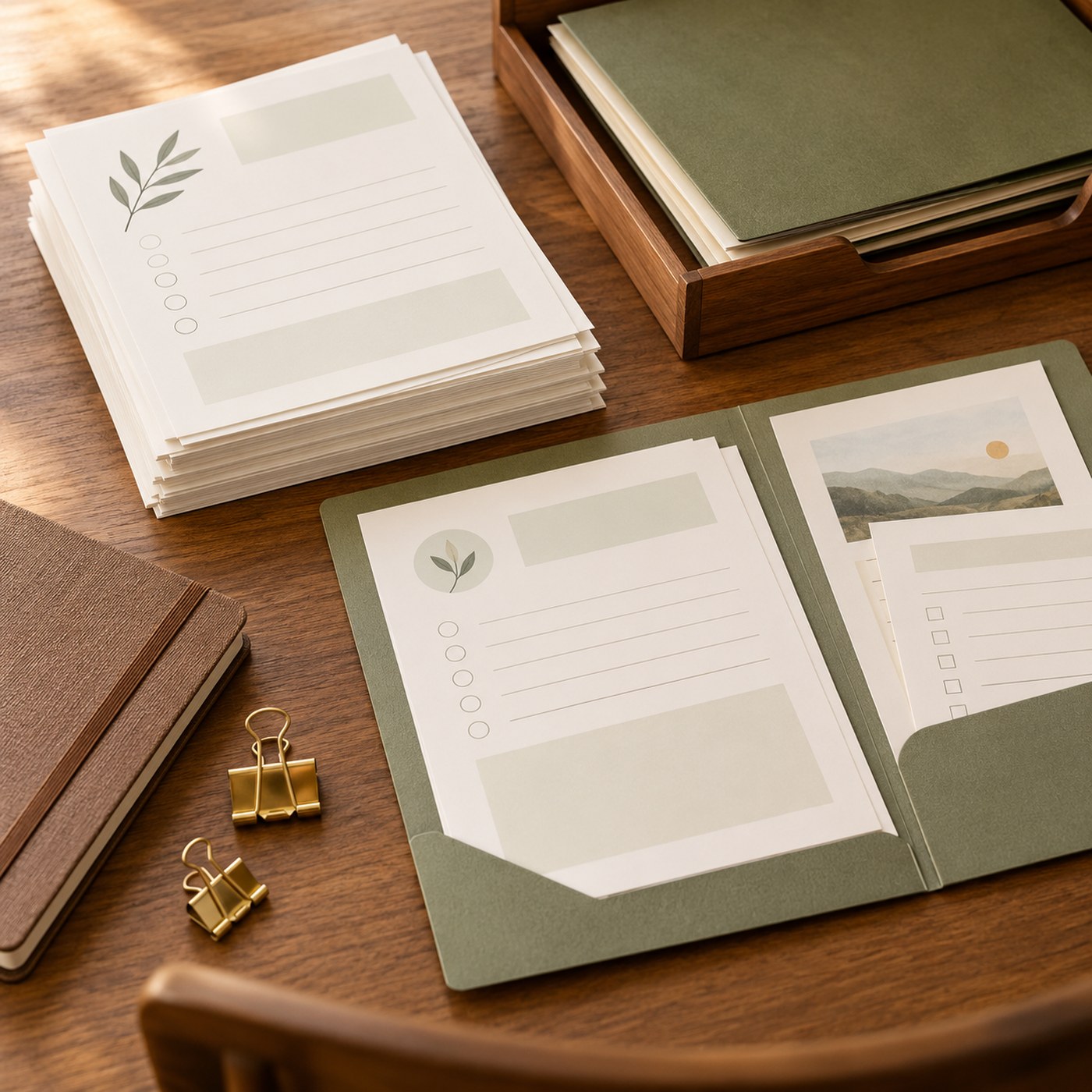 Worksheets and a client folder on a desk