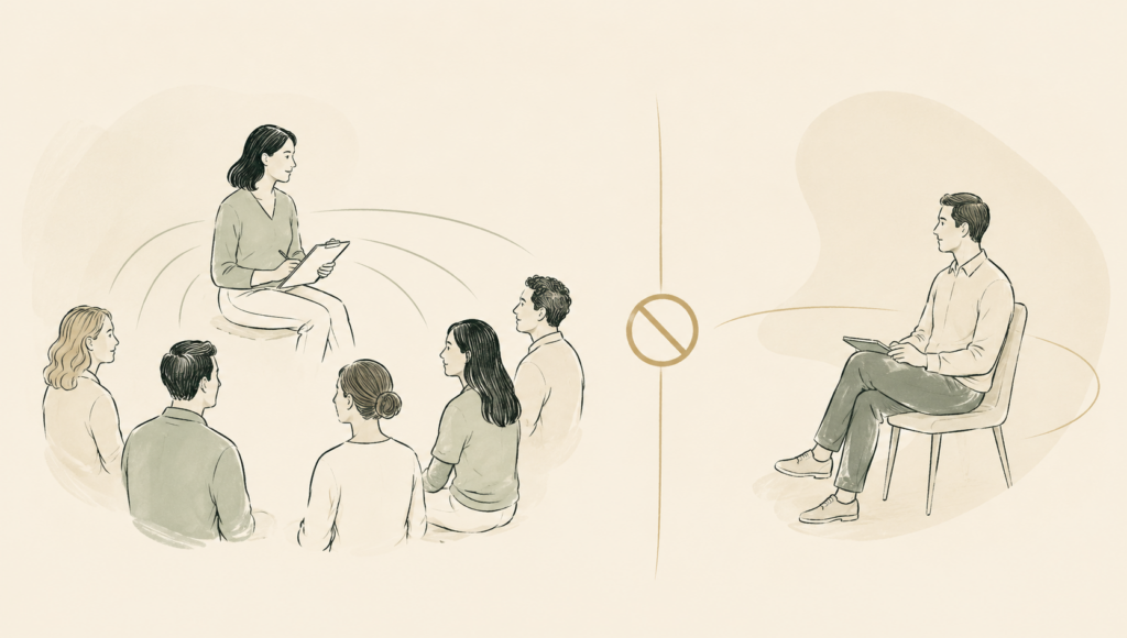 A drawing of one practitioner with a client, separate from a group, showing the license covers one practitioner.