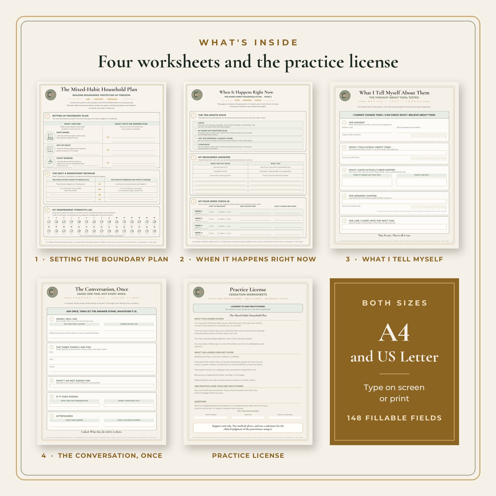 What's inside the Mixed-Habit Household Plan: Setting the Boundary Plan, When It Happens Right Now, What I Tell Myself About Them, The Conversation, Once, the practice license, and a panel showing both sizes and 148 fillable fields.
