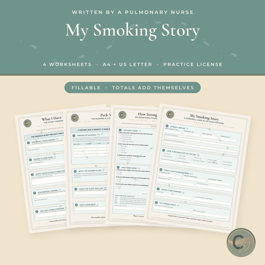 My Smoking Story practice set: four fillable worksheets fanned out under a teal banner, with a label reading "Fillable, totals add themselves", in A4 and US Letter with a practice license.