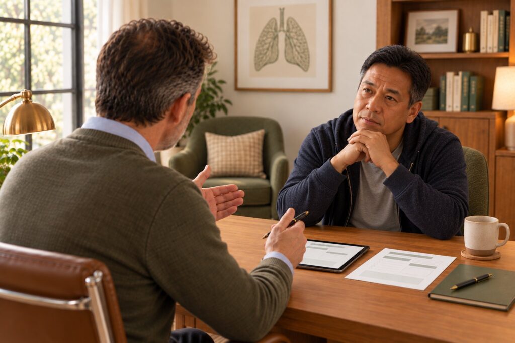 A practitioner talking with a client across a desk, with a worksheet and a tablet between them.