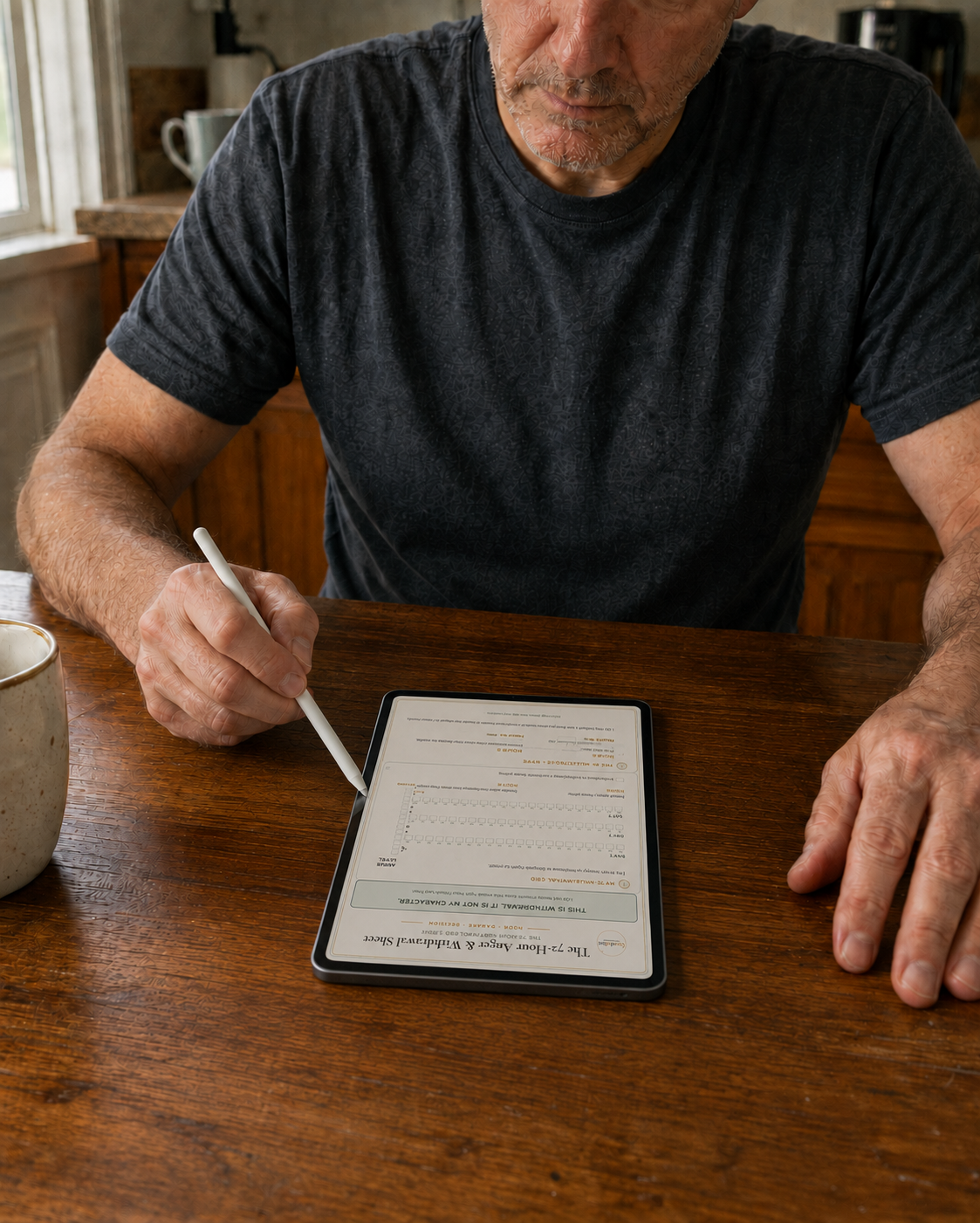 A man at his kitchen table filling in a withdrawal worksheet on a tablet