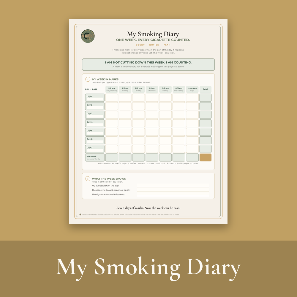 My Smoking Diary free worksheet: a one-week tally grid for cigarettes by part of the day, on a gold background with the title in a darker gold band.