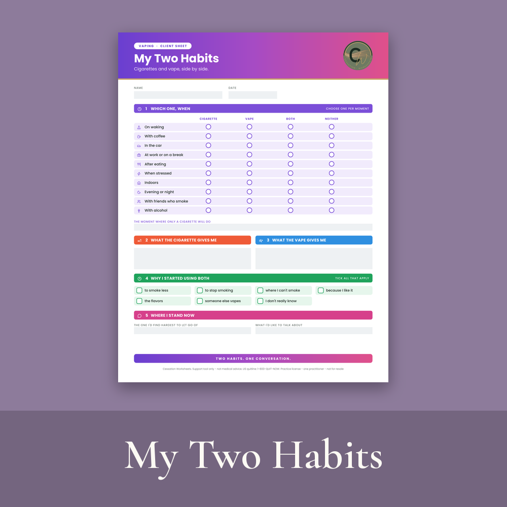 My Two Habits free worksheet: cigarettes and vape side by side across ten everyday moments, on a mauve background with the title in a darker mauve band.
