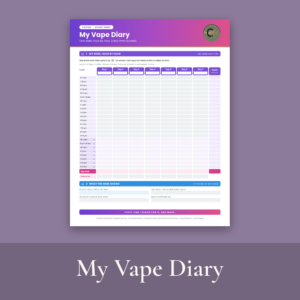 My Vape Diary free worksheet: an hour-by-hour tally grid for one week of vaping, on a mauve background with the title in a darker mauve band.