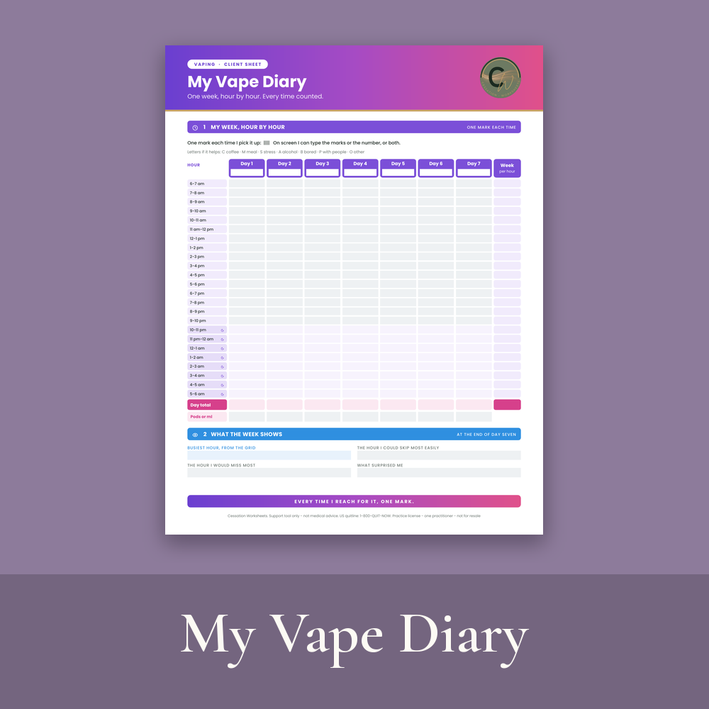 My Vape Diary free worksheet: an hour-by-hour tally grid for one week of vaping, on a mauve background with the title in a darker mauve band.