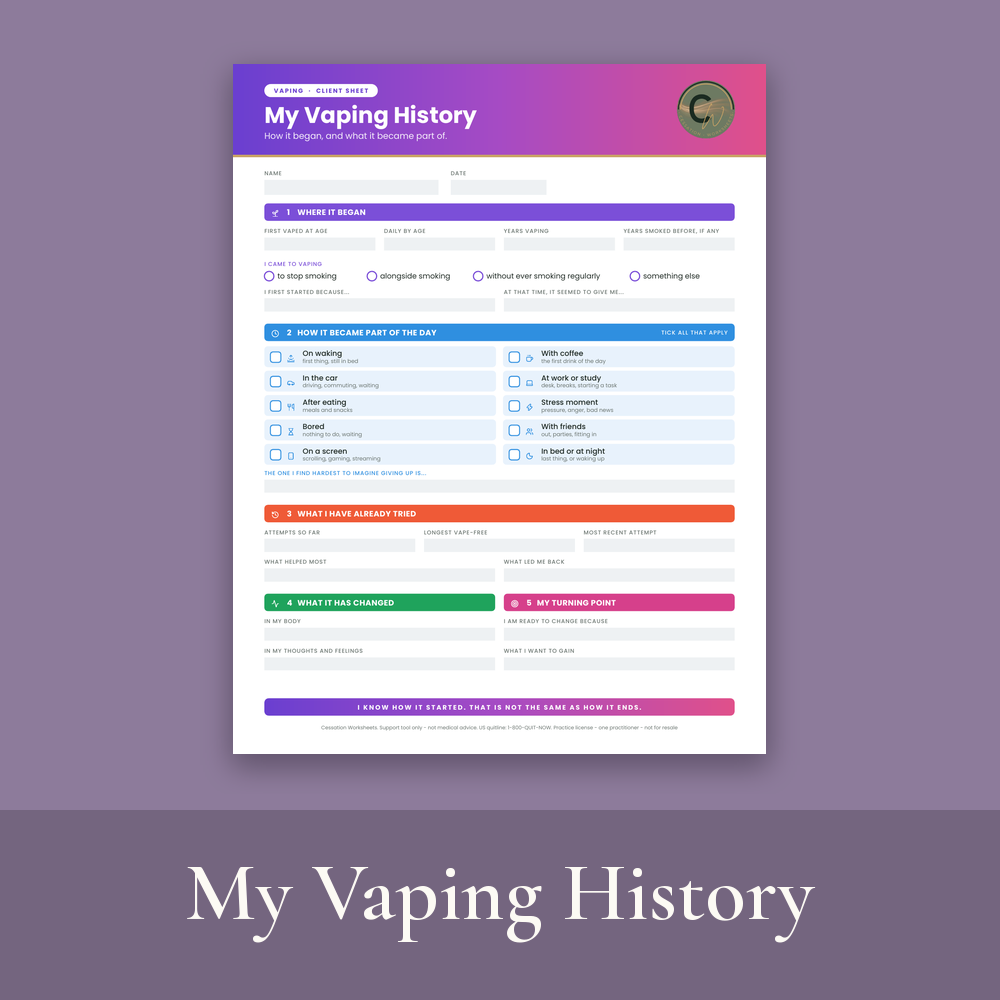 My Vaping History free worksheet: a vaping intake page with a purple-to-pink header, on a mauve background with the title in a darker mauve band.