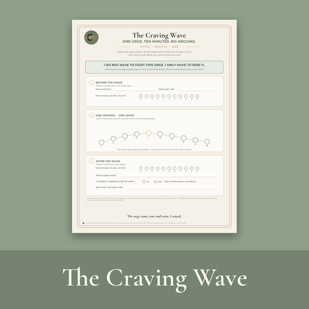 The Craving Wave free worksheet: a ten-minute craving wave to tick off minute by minute, on a sage background with the title in a darker sage band.
