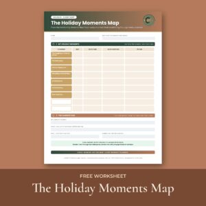 The Holiday Moments Map free worksheet: a table of holiday moments from Thanksgiving to New Year's Eve with a plan for each, and a section for the hardest moment, on a copper background with the title in a darker copper band.