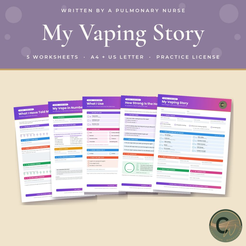 My Vaping Story practice set: five fillable worksheets fanned out under a mauve banner, in A4 and US Letter with a practice license.