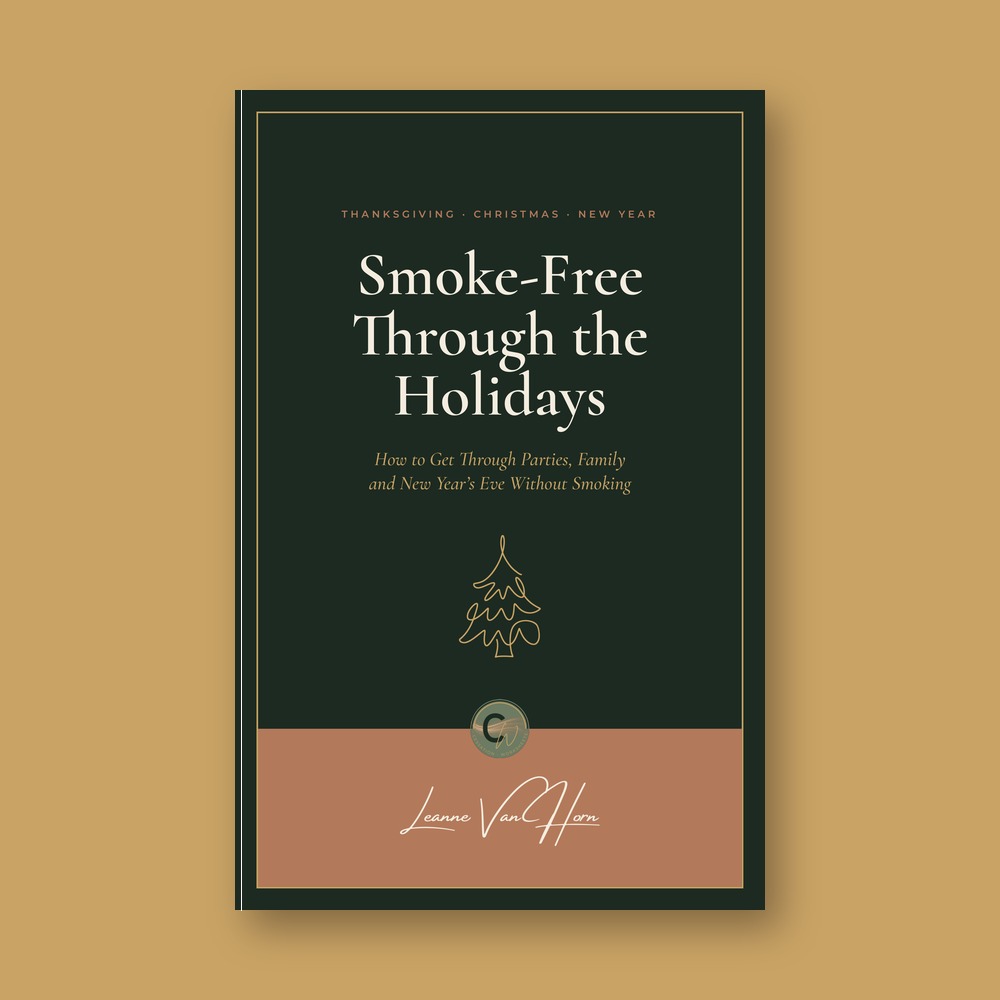 Cover of Smoke-Free Through the Holidays by Leanne Van Horn, a quit smoking book with a gold line drawing of a Christmas tree on a dark green cover, shown as a paperback on a gold background.